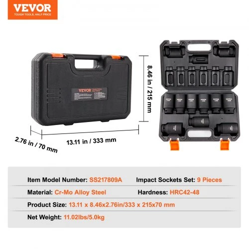 Koduva Smūginių galvučių rinkinys VEVOR SS217809A, 13 mm pavara, 9 dalių, 29-38 mm