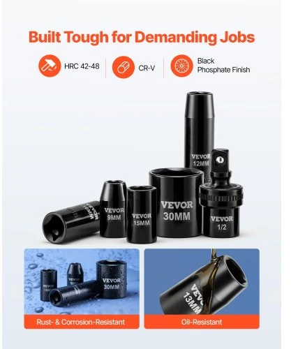 VEVOR Smūginių galvučių rinkinys 69300002, 39 dalių, 9-30 mm, CR-V plienas, raudonas dėklas