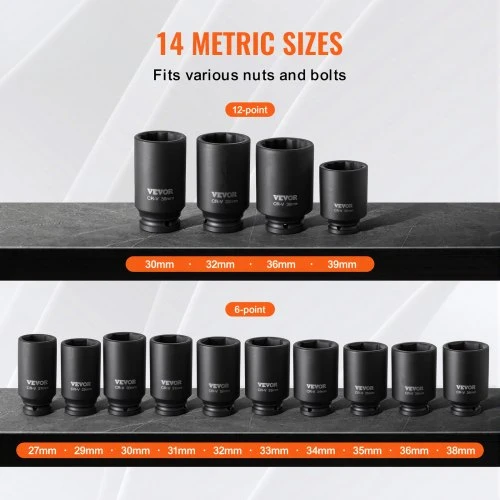 Koduva Smūginių galvučių rinkinys VEVOR, 14 dalių, 13 mm / 12,7 mm pavara, gilios 6+12 kampų, CR-V