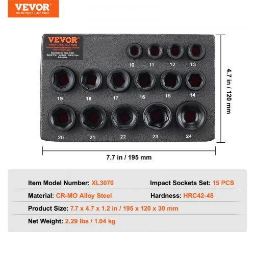 VEVOR Smūginių galvučių rinkinys XL3070, 15 vnt., 10-24 mm