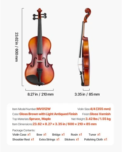 VEVOR Smuikas 4/4, 355 mm, pradedantiesiems, eglės ir klevo mediena, blizgi ruda