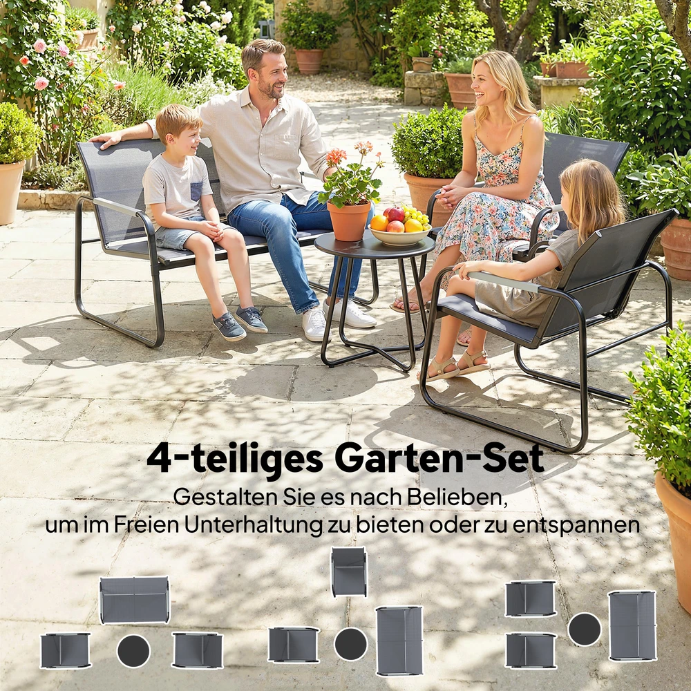Lauko baldų komplektas Aosom Sodo baldų komplektas 4 asmenims, pilka / juoda, su 2 vietų sofa, 2 kėdėmis ir apvaliu stalu