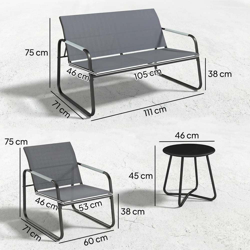 Lauko baldų komplektas Aosom Sodo baldų komplektas 4 asmenims, pilka / juoda, su 2 vietų sofa, 2 kėdėmis ir apvaliu stalu