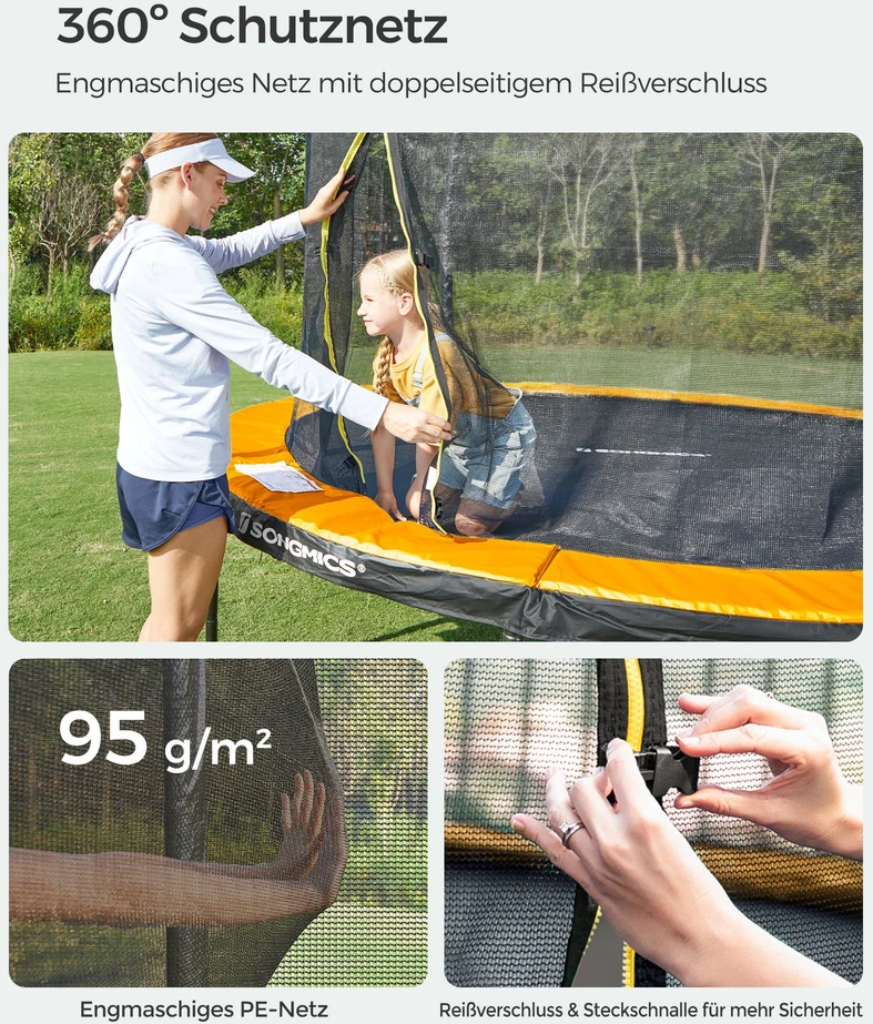 Songmics Sodo batutas su apsauginiu tinklu, Ø 366 cm, su kopėčiomis, juodas, oranžinis