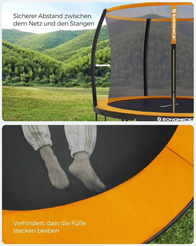 Songmics Sodo batutas su apsauginiu tinklu, Ø 366 cm, su kopėčiomis, juodas, oranžinis