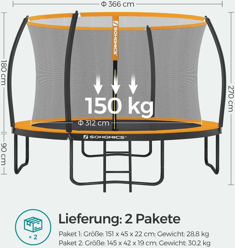 Songmics Sodo batutas su apsauginiu tinklu, Ø 366 cm, su kopėčiomis, juodas, oranžinis