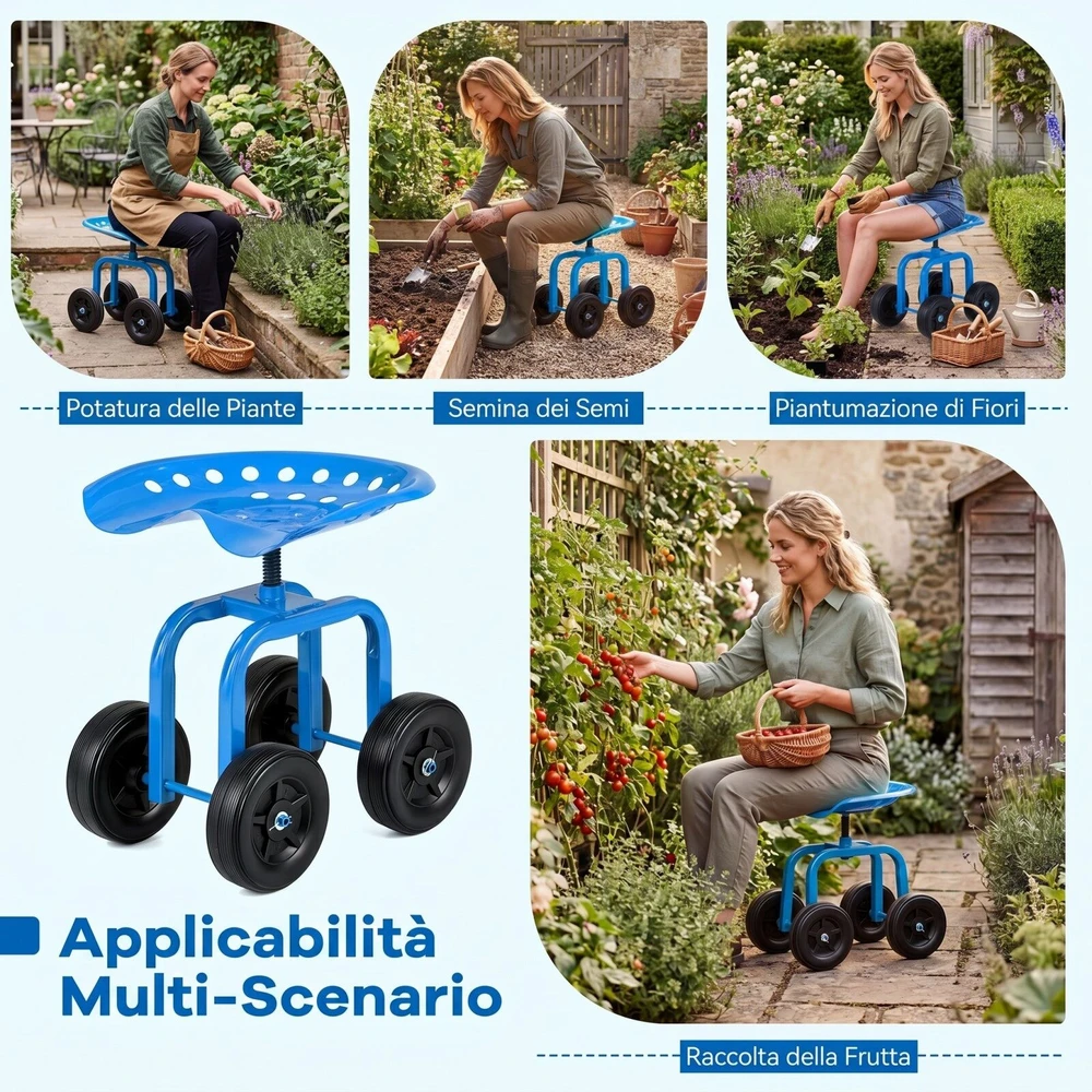 Promotion Sodo darbo sėdynė ant ratų, besisukanti 360°, reguliuojamo aukščio, mėlyna, 47 x 31 x 40-50 cm
