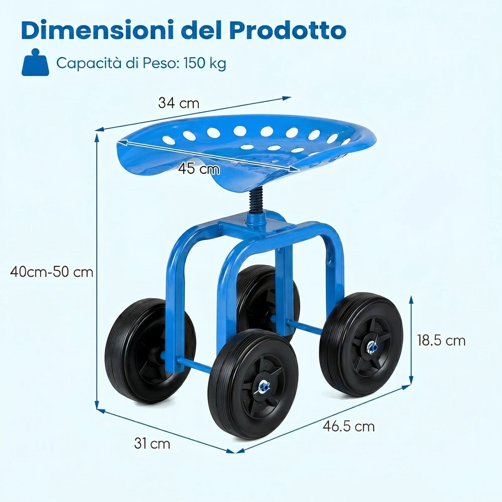 Promotion Sodo darbo sėdynė ant ratų, besisukanti 360°, reguliuojamo aukščio, mėlyna, 47 x 31 x 40-50 cm