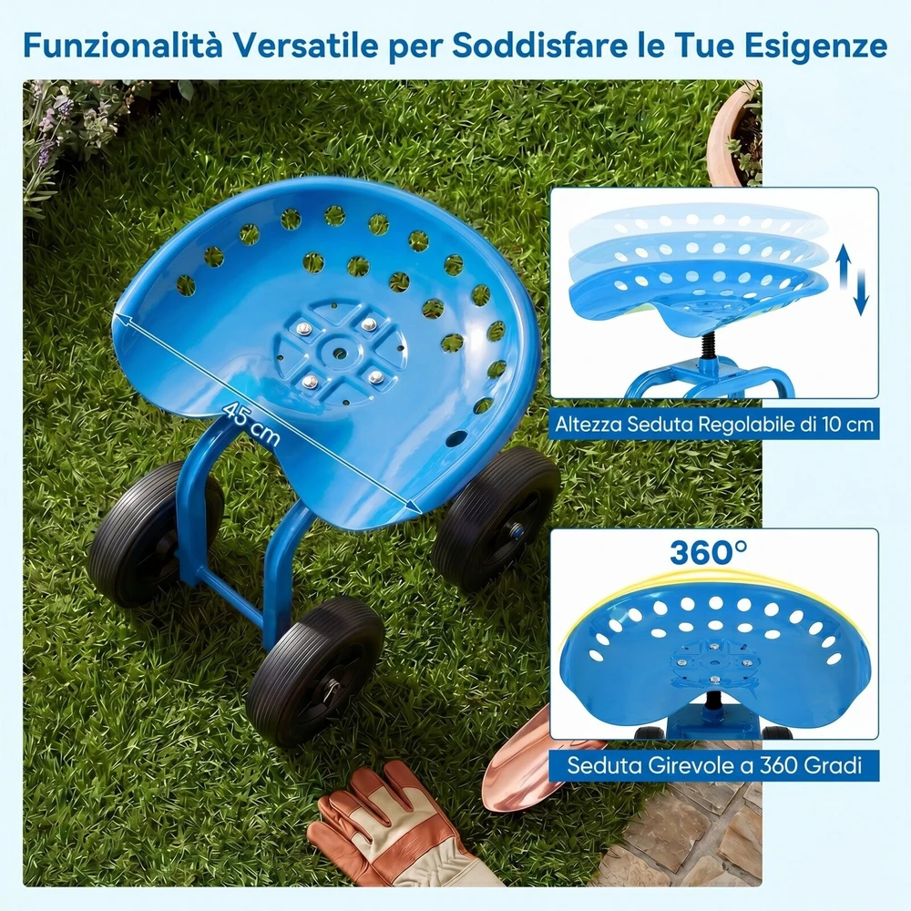 Promotion Sodo darbo sėdynė ant ratų, besisukanti 360°, reguliuojamo aukščio, mėlyna, 47 x 31 x 40-50 cm