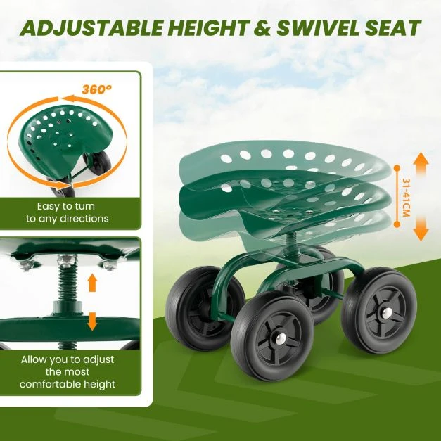 Promotion Sodo darbų kėdė ant ratukų su 360° sukama sėdyne ir reguliuojamu aukščiu, žalia