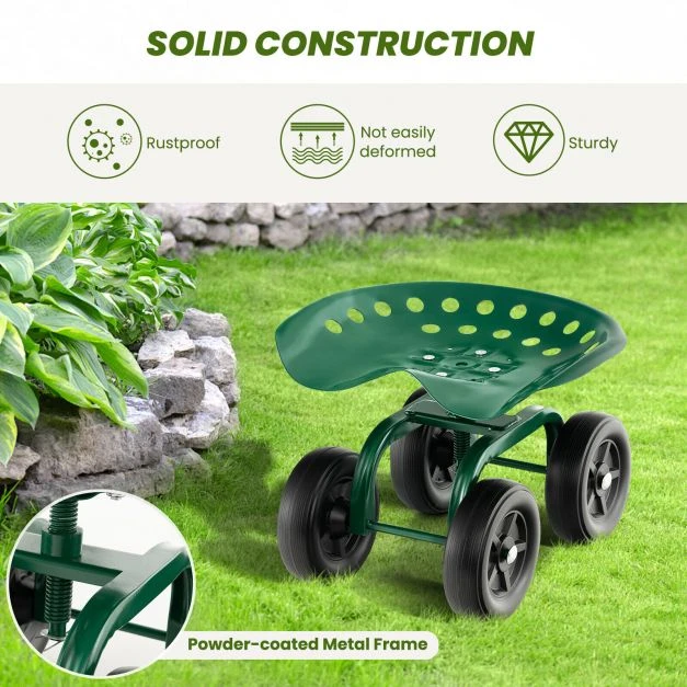 Promotion Sodo darbų kėdė ant ratukų su 360° sukama sėdyne ir reguliuojamu aukščiu, žalia