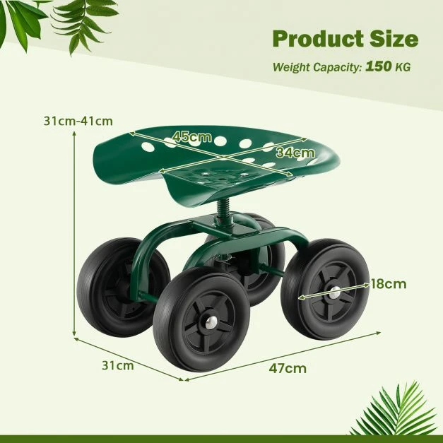Promotion Sodo darbų kėdė ant ratukų su 360° sukama sėdyne ir reguliuojamu aukščiu, žalia