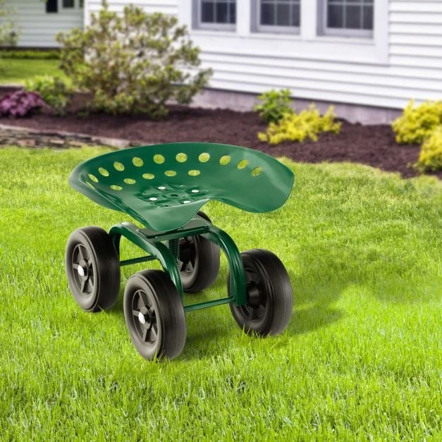 Promotion Sodo darbų kėdė ant ratukų su 360° sukama sėdyne ir reguliuojamu aukščiu, žalia