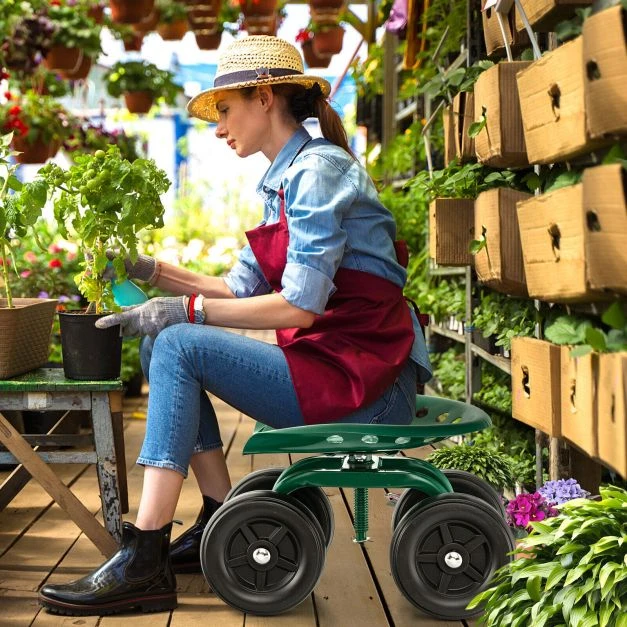 Promotion Sodo darbų kėdė ant ratukų su 360° sukama sėdyne ir reguliuojamu aukščiu, žalia