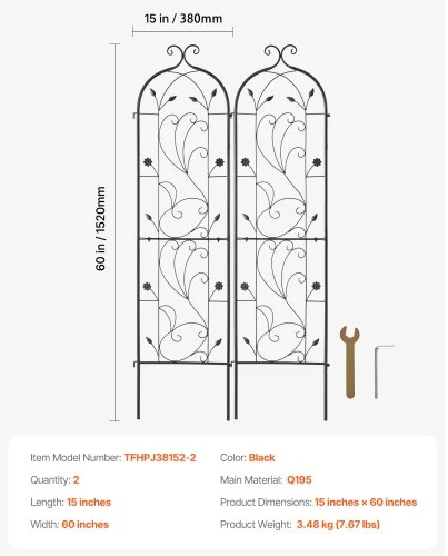 VEVOR Sodo grotelės vijokliniams augalams, metalinės, juodos, 38 x 152 cm, 2 vnt.