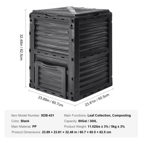 Koduva Sodo komposto dėžė VEVOR, 300 l, juoda, PP, 61 x 61 x 83 cm