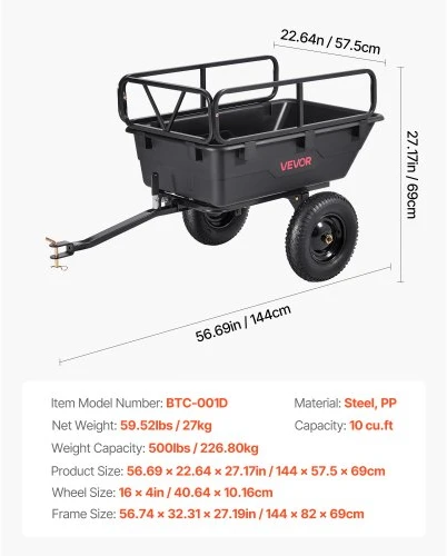 Koduva Sodo priekaba VEVOR BTC-001D, 283 l, iki 227 kg, PP, 144 x 58 x 69 cm