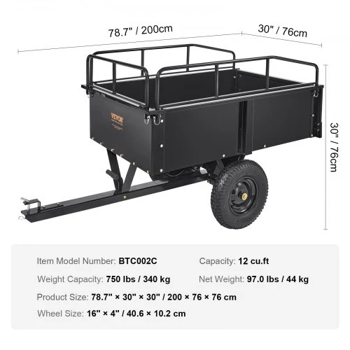 VEVOR Sodo priekaba BTC002C, juoda, geležis, 200 x 66 x 76 cm, 0,43 m³, iki 340 kg