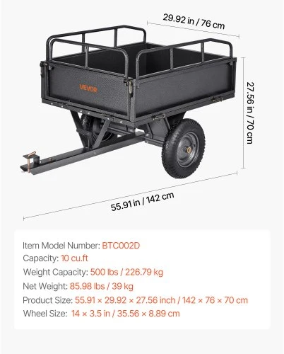 VEVOR Sodo priekaba BTC002D, plieninė, 283 l, iki 227 kg, 142 x 76 x 70 cm