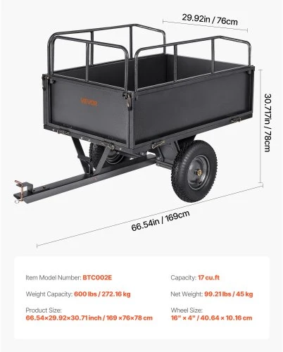 VEVOR Sodo priekaba BTC002E, plieninė, 481 l, iki 272 kg, 169 x 76 x 78 cm
