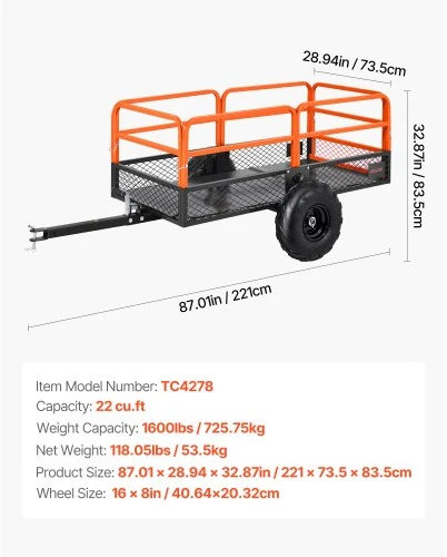VEVOR Sodo priekaba TC4278, plieninė, 623 l, iki 725 kg, 221 x 73,5 x 83,5 cm