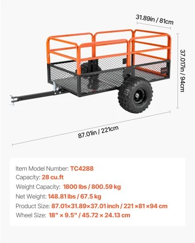 VEVOR Sodo priekaba TC4288, plieninė, 793 l, iki 800 kg, 221 x 81 x 94 cm