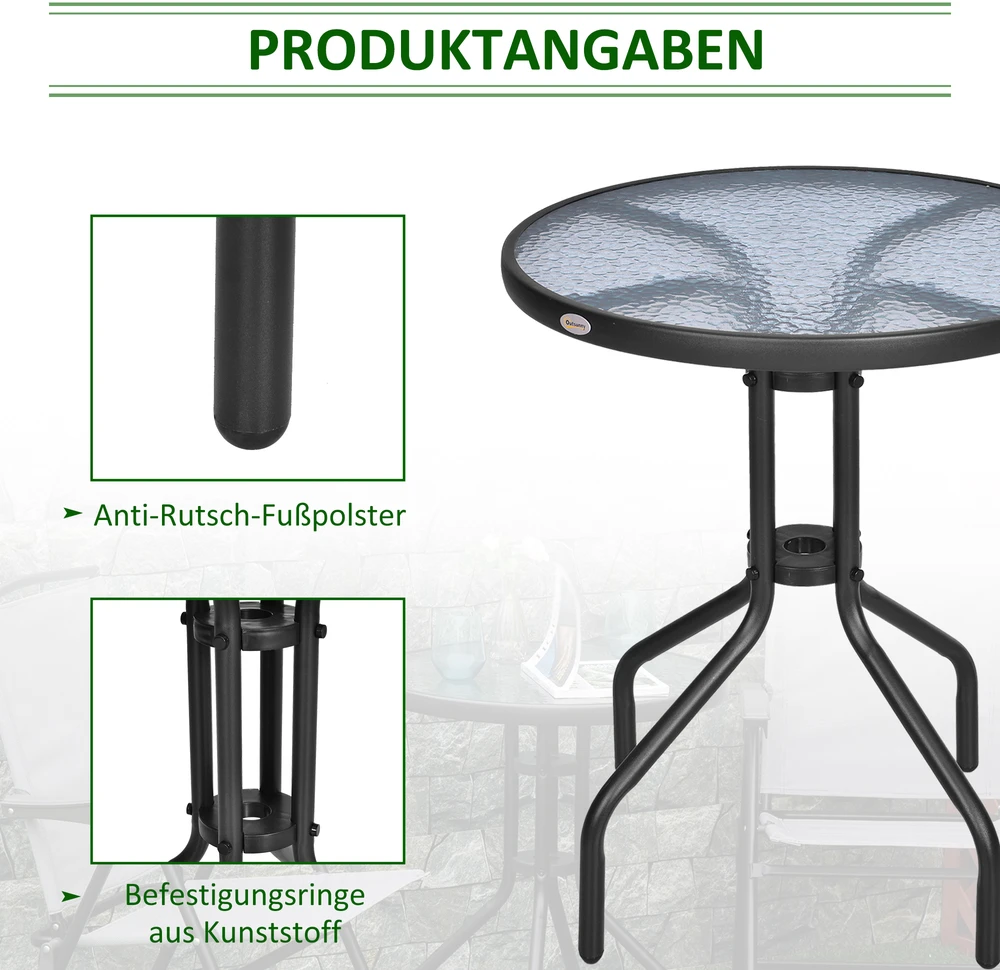 Aosom Sodo stalas balkono stalas, juodas, Ø60 x H70 cm, metalas ir saugus stiklas
