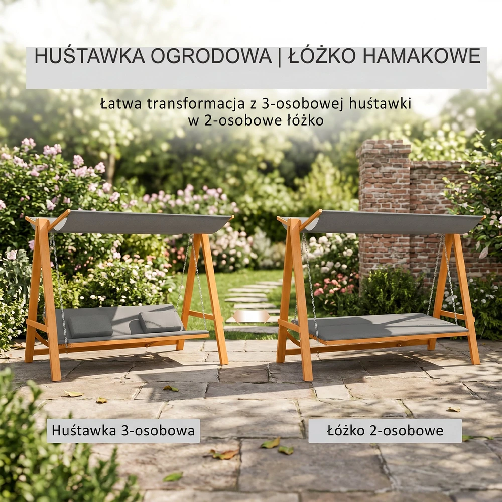 Aosom Sodo sūpynės su lovos funkcija, 3 vietų, pilkos ir tikmedžio spalvos, 225,5 x 130 x 180 cm