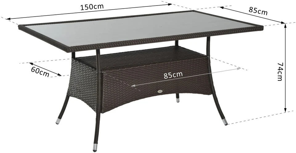 Aosom Sodo valgomojo stalas, poliratano, saugumo stiklas, rudas / juodas, 150 x 85 x 74 cm