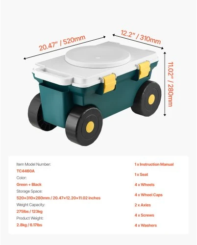 VEVOR Sodo vežimėlis su sėdyne TC4460A, 2 viename, su daiktadėže, iki 123 kg, pilka, žalia, juoda, 52 x 31 x 28 cm