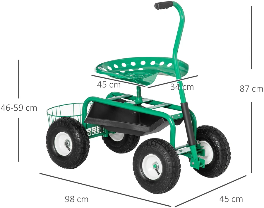 Koduva Sodo vežimėlis su sėdyne, žalias, metalas, 150 kg, 81 x 44,5 x 46-59 cm