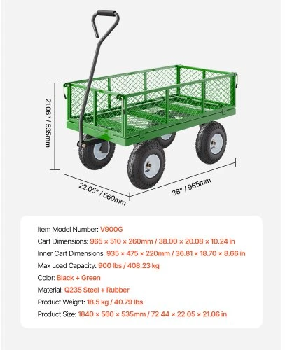VEVOR Sodo vežimėlis V900G su nuimamais tinkliniais bortais, juodas / žalias, iki 408 kg, 184 x 56 x 54 cm