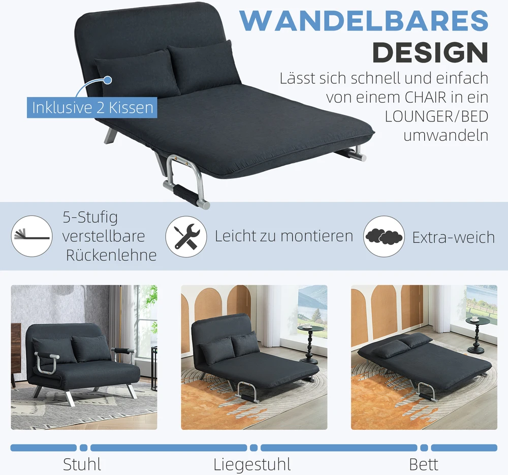 Aosom Sofa-lova, 5 padėčių reguliuojama, dirbtinė zomša, plieno rėmas, su pagalve, juoda