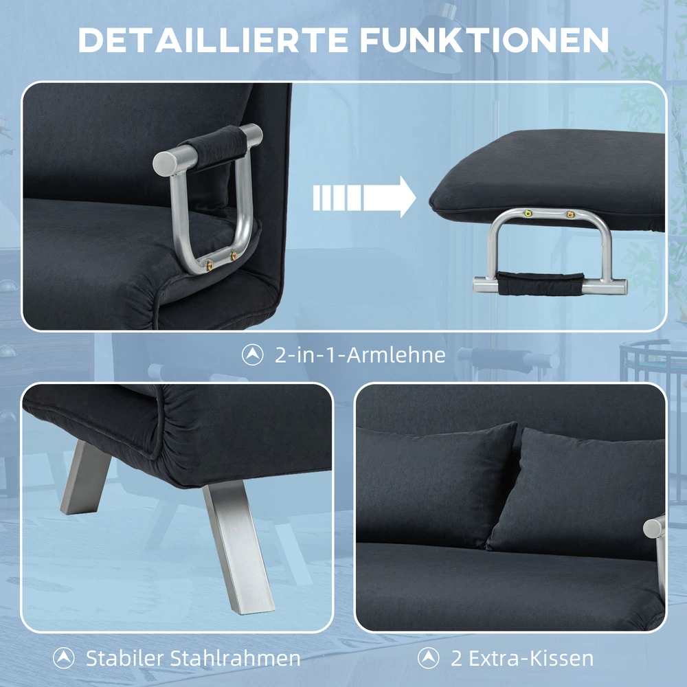 Aosom Sofa-lova, 5 padėčių reguliuojama, dirbtinė zomša, plieno rėmas, su pagalve, juoda