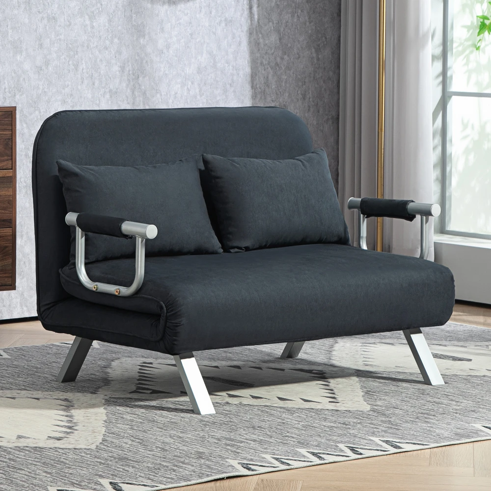 Aosom Sofa-lova, 5 padėčių reguliuojama, dirbtinė zomša, plieno rėmas, su pagalve, juoda