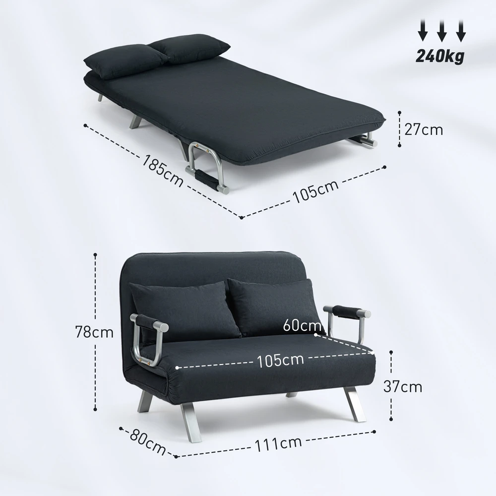 Aosom Sofa-lova, 5 padėčių reguliuojama, dirbtinė zomša, plieno rėmas, su pagalve, juoda