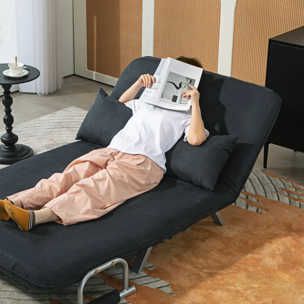 Aosom Sofa-lova, 5 padėčių reguliuojama, dirbtinė zomša, plieno rėmas, su pagalve, juoda