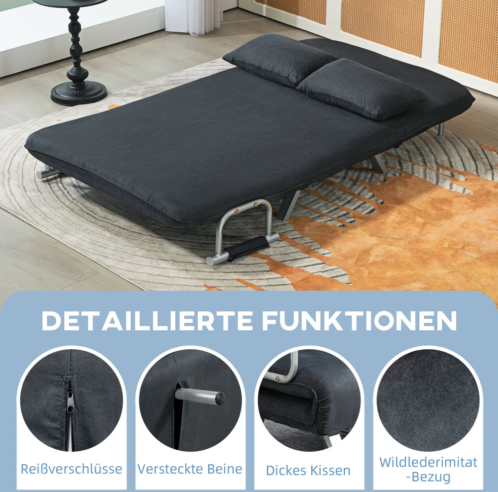 Aosom Sofa-lova, 5 padėčių reguliuojama, dirbtinė zomša, plieno rėmas, su pagalve, juoda