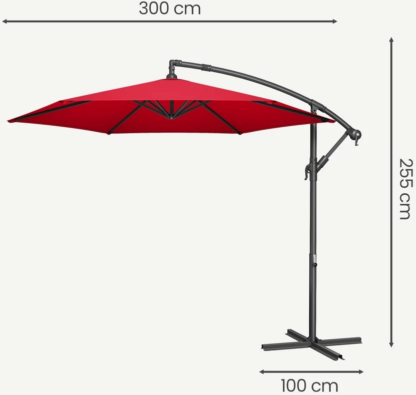 Songmics Šoninis skėtis nuo saulės su stovu, 300 cm, metalinis, poliesteris 180 g/m², raudonas