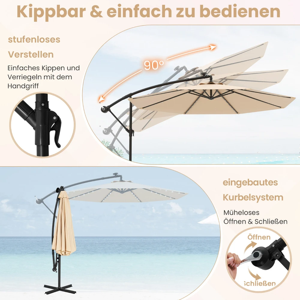 Promotion Šoninis sodo skėtis su saulės LED lemputėmis, 350 x 350 x 250 cm, smėlio spalvos