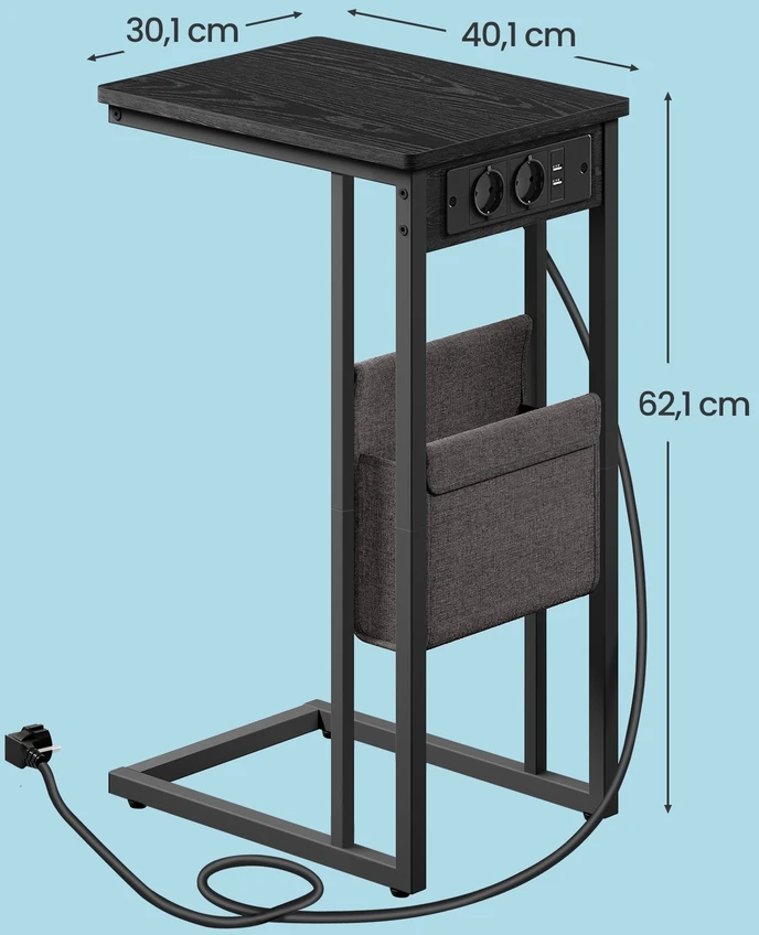 Songmics Šoninis staliukas, C formos, juodas, su 2 USB ir 2 AC lizdais, 30 x 40 x 62 cm