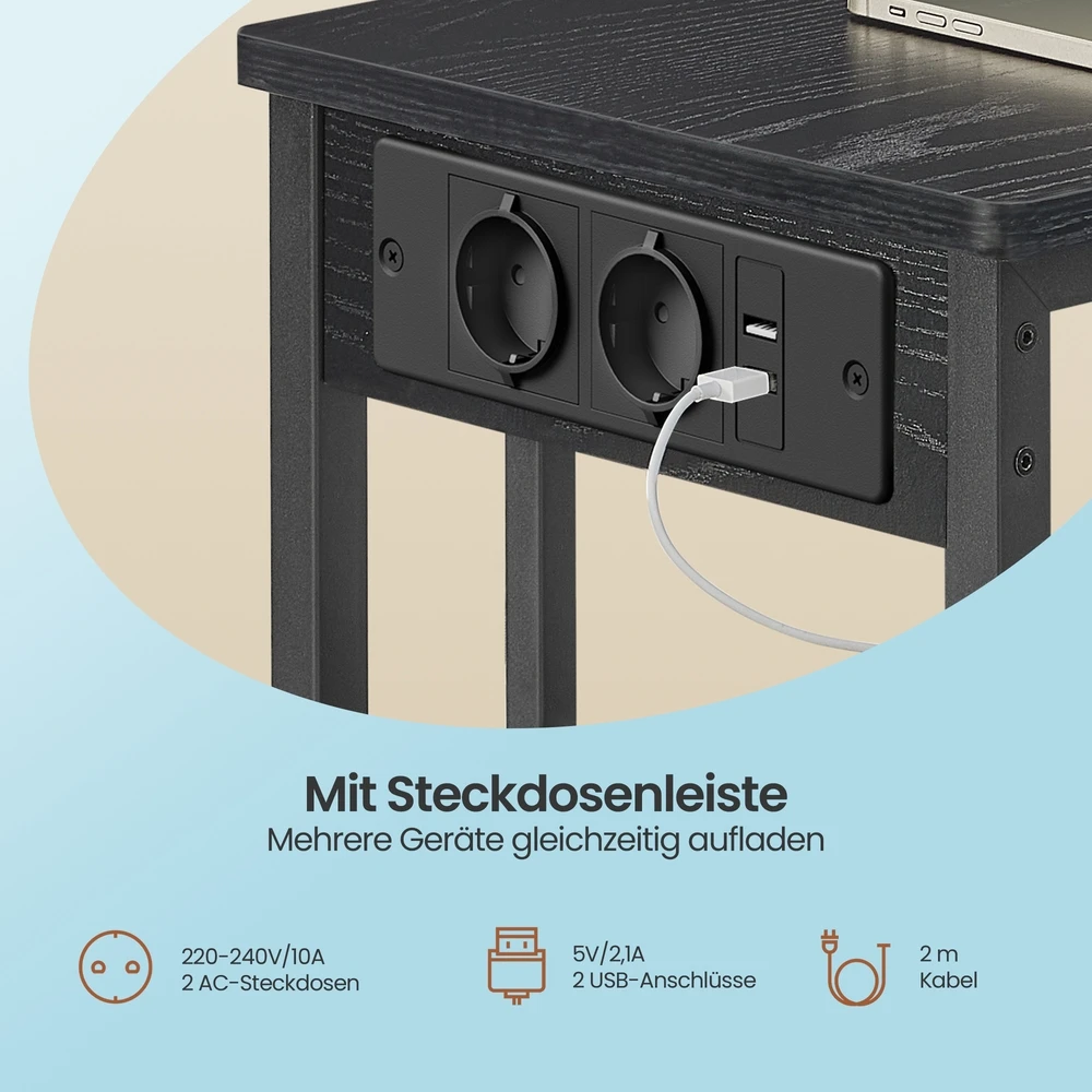 Songmics Šoninis staliukas, C formos, juodas, su 2 USB ir 2 AC lizdais, 30 x 40 x 62 cm