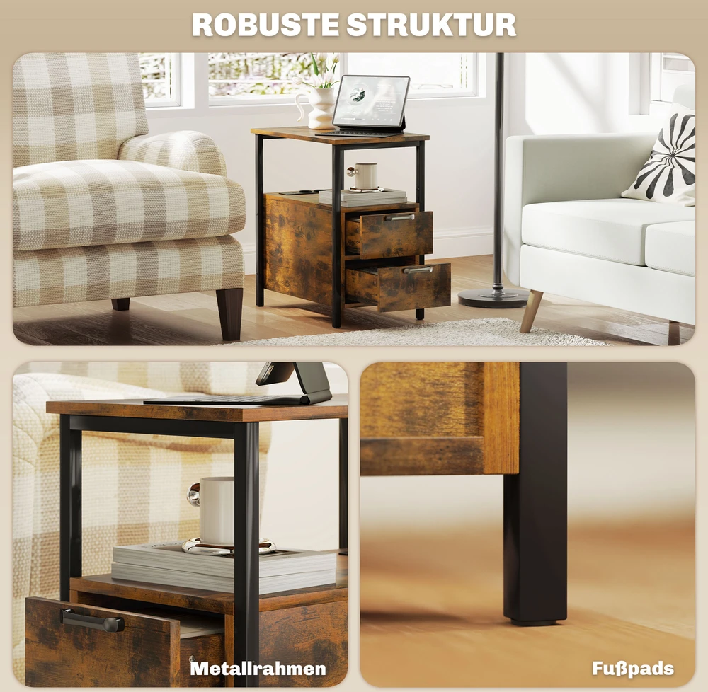 Aosom Šoninis staliukas su įkrovimo stotele, USB jungtimi, 2 stalčiais, rustikalinė ruda, 55 x 35 x 58,5 cm
