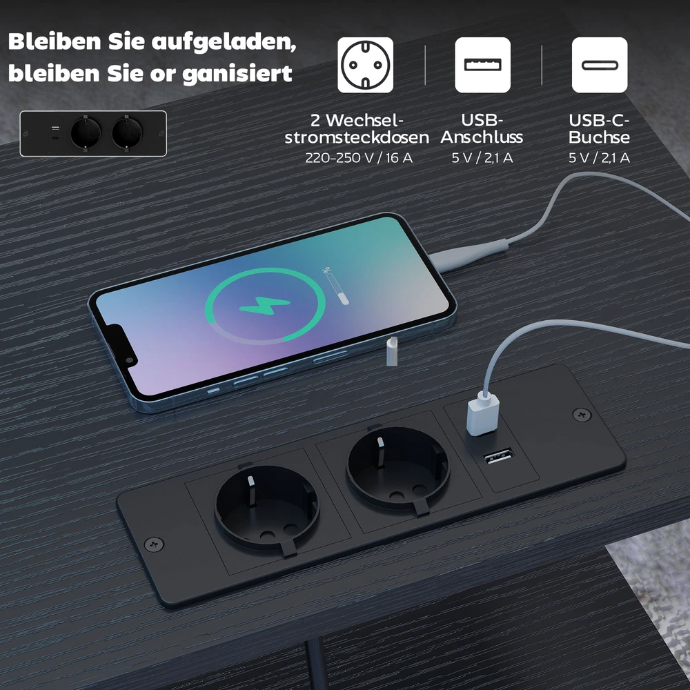 Aosom Šoninis staliukas su įkrovimo stotele, plieno rėmas, USB-C jungtys, stalčiai, kabliukai, 40 x 30 x 60 cm, juodas