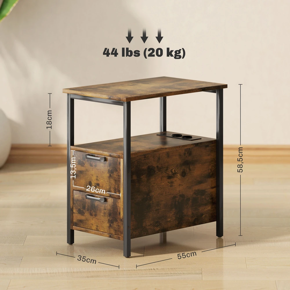 Aosom Šoninis staliukas su įkrovimo stotele, USB jungtimi, 2 stalčiais, rustikalinė ruda, 55 x 35 x 58,5 cm