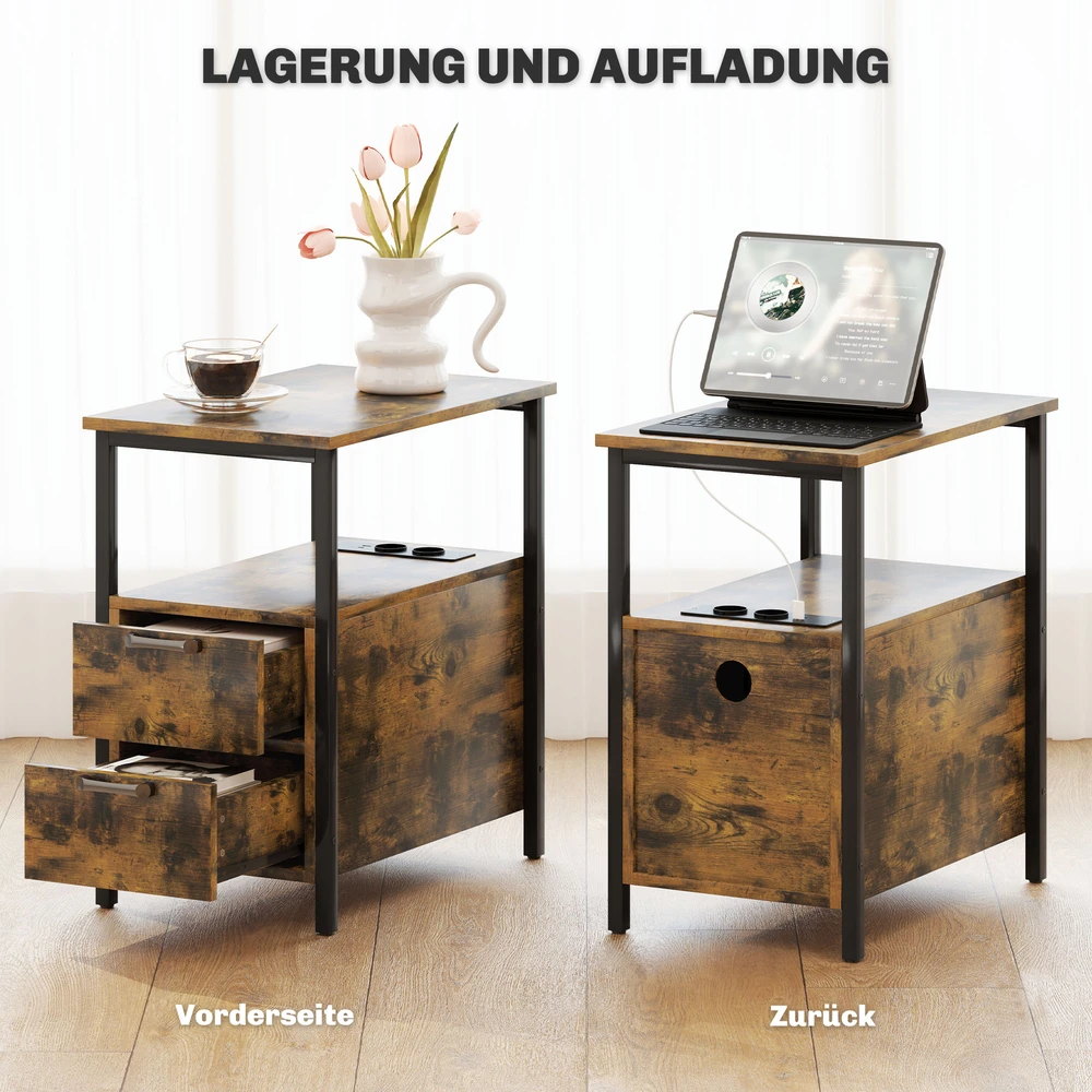 Aosom Šoninis staliukas su įkrovimo stotele, USB jungtimi, 2 stalčiais, rustikalinė ruda, 55 x 35 x 58,5 cm