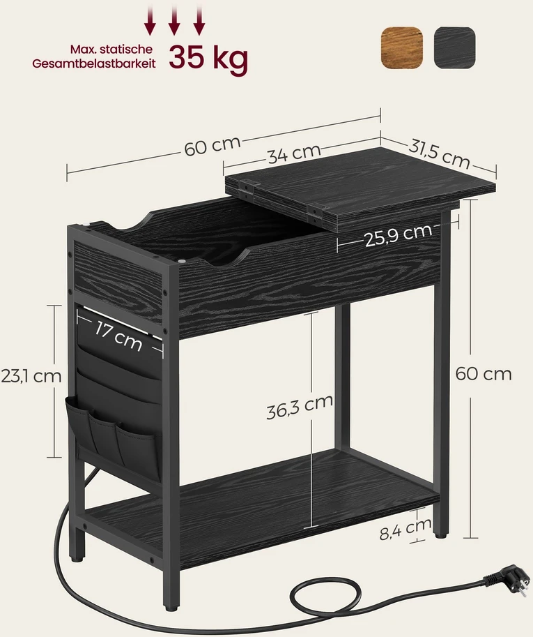 Songmics Šoninis staliukas su lizdais ir USB jungtimis, juodas su medžio raštu, 60 x 31,5 x 60 cm
