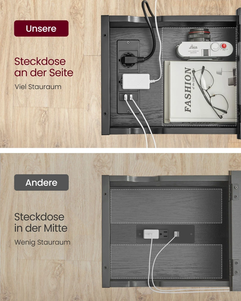 Songmics Šoninis staliukas su lizdais ir USB jungtimis, juodas su medžio raštu, 60 x 31,5 x 60 cm