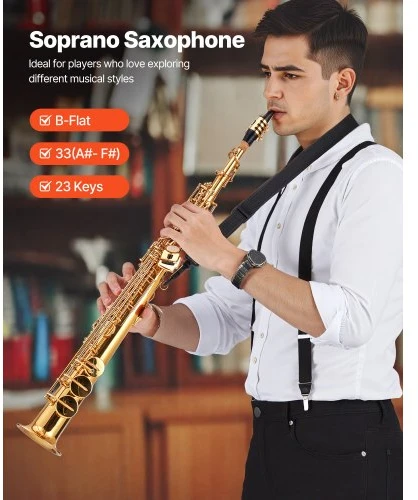 VEVOR Sopraninis saksofonas JASS-301, tiesus, B bemolis, žalvaris, auksinė spalva, 23 klavišai, rinkinys