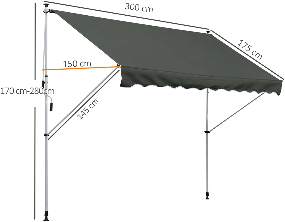 Aosom Spaudžiama markizė su rankena, pilka, 300 x 150 cm